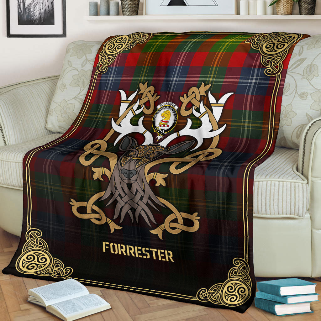 Forrester Tartan Crest Premium Blanket - Celtic Stag style