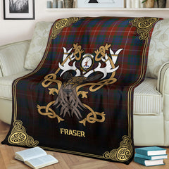 Fraser (of Lovat) Ancient Tartan Crest Premium Blanket - Celtic Stag style