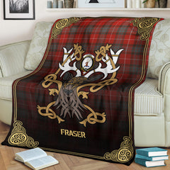 Fraser (of Lovat) Weathered Tartan Crest Premium Blanket - Celtic Stag style