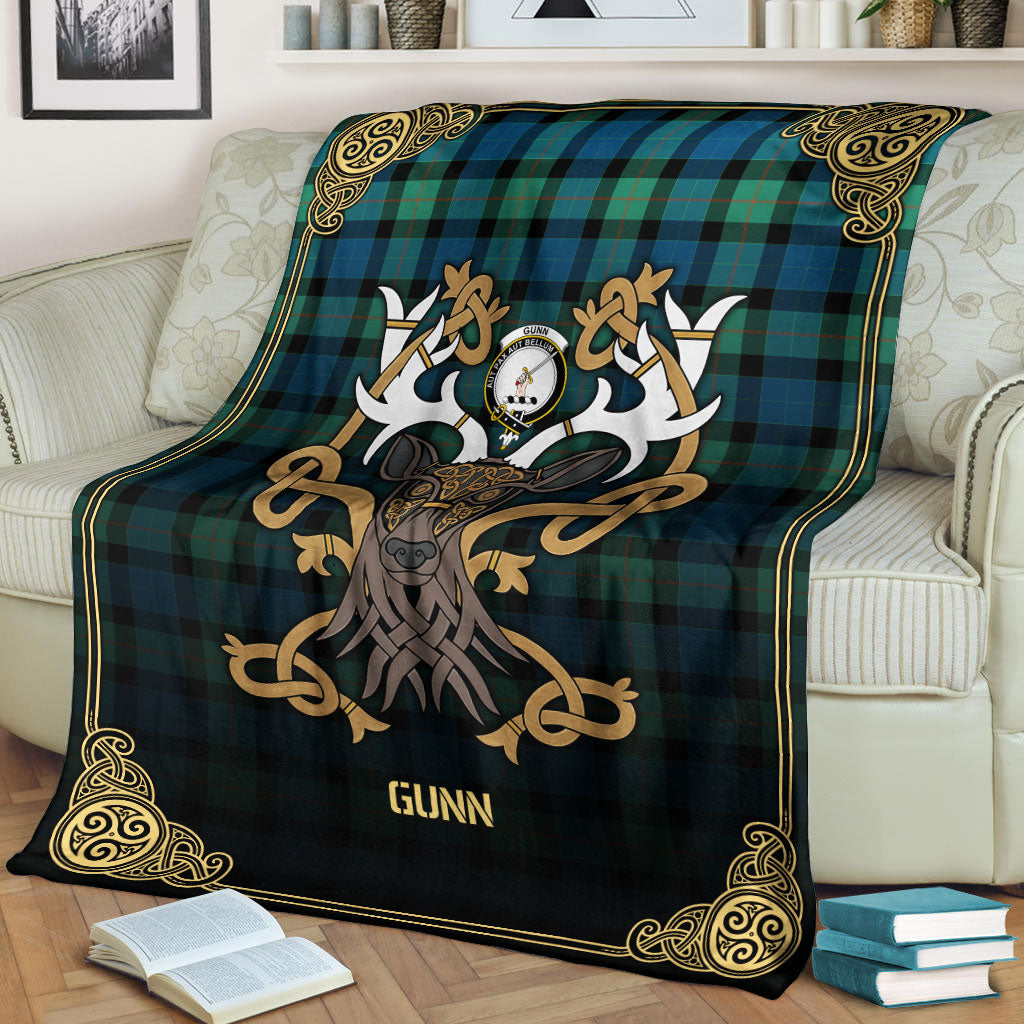 Gunn Ancient Tartan Crest Premium Blanket - Celtic Stag style