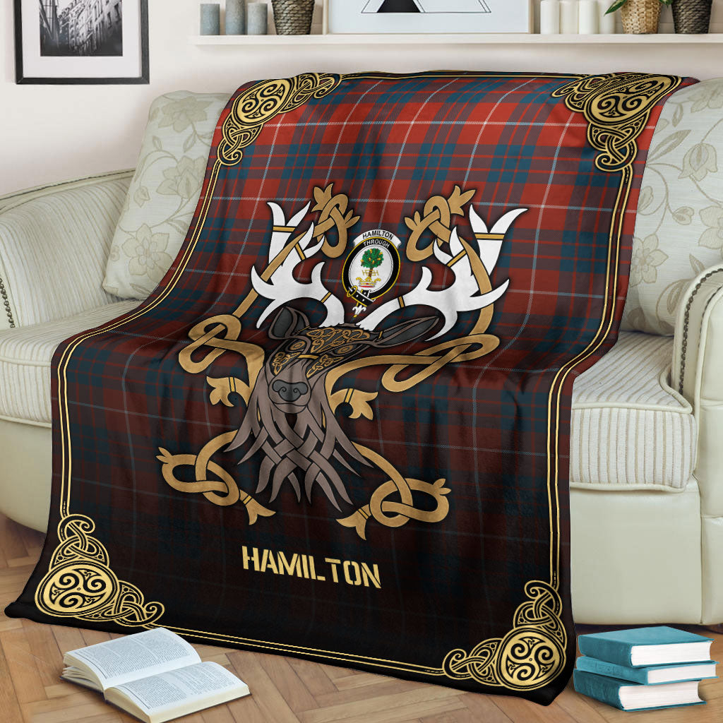 Hamilton Ancient Tartan Crest Premium Blanket - Celtic Stag style