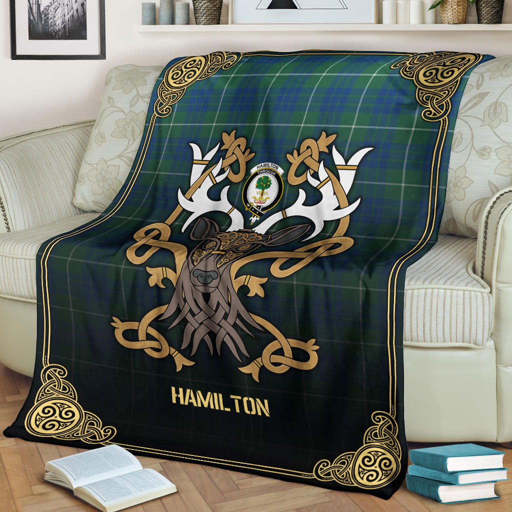 Hamilton Hunting Ancient Tartan Crest Premium Blanket - Celtic Stag style