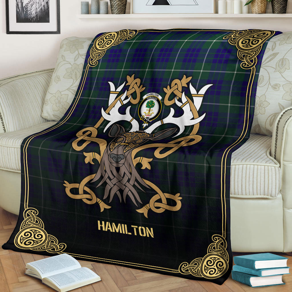 Hamilton Hunting Modern Tartan Crest Premium Blanket - Celtic Stag style