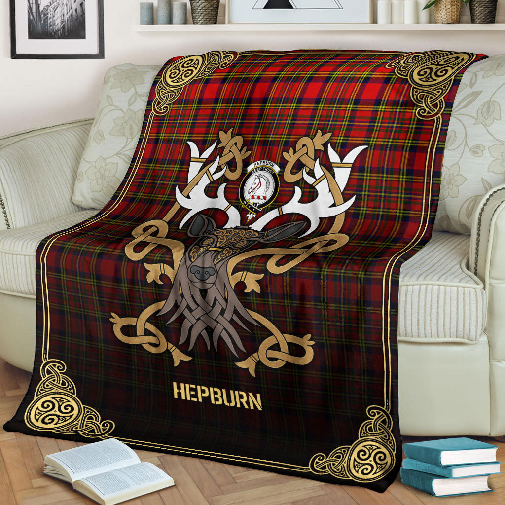 Hepburn Tartan Crest Premium Blanket - Celtic Stag style