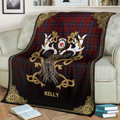 Kelly of Sleat Red Tartan Crest Premium Blanket - Celtic Stag style