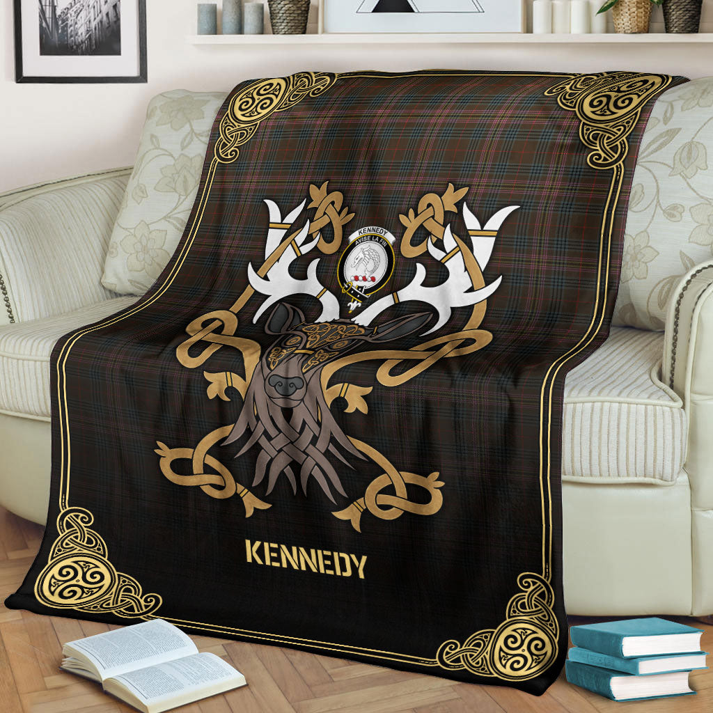 Kennedy Weathered Tartan Crest Premium Blanket - Celtic Stag style