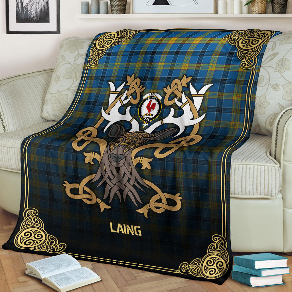 Laing Tartan Crest Premium Blanket - Celtic Stag style