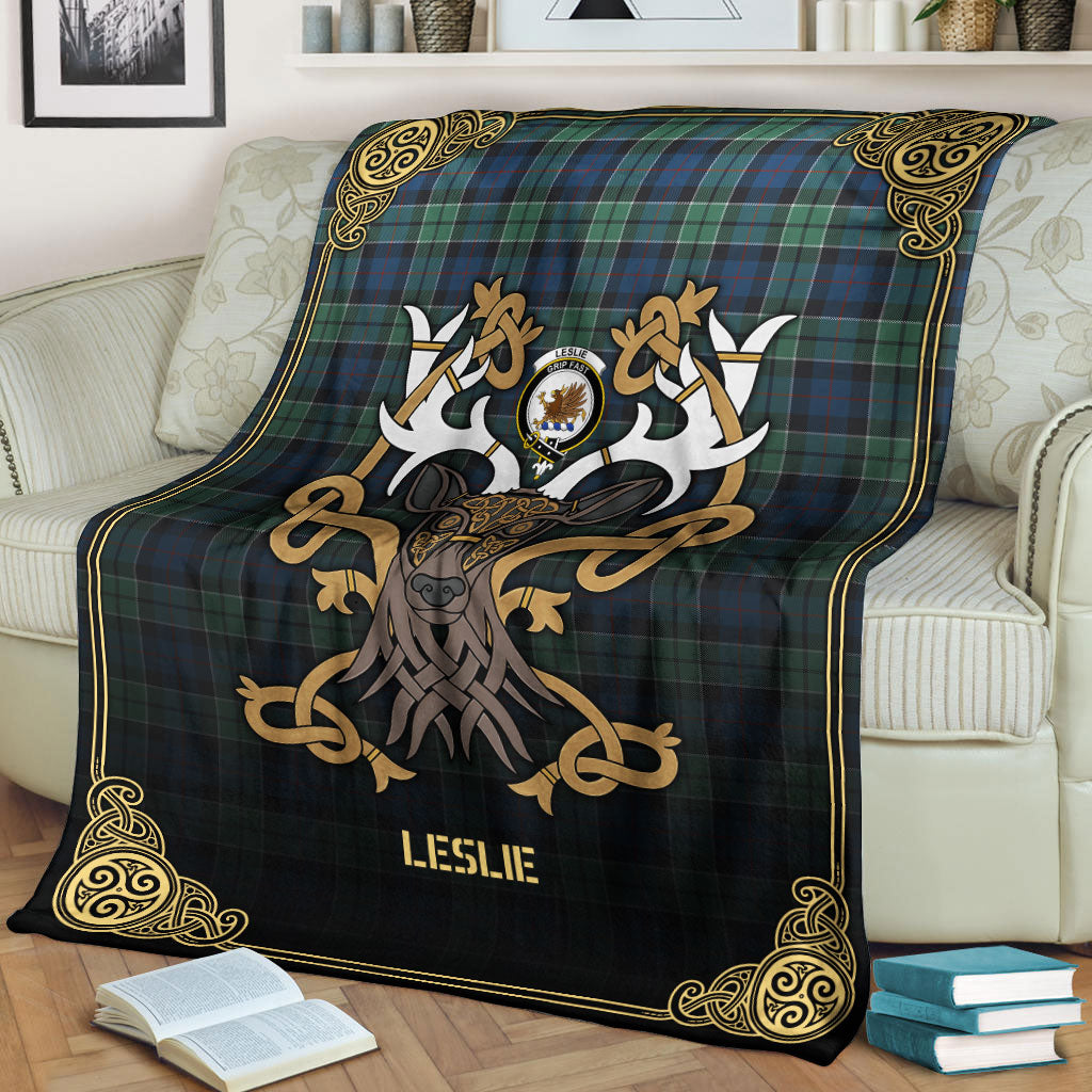 Leslie Hunting Ancient Tartan Crest Premium Blanket - Celtic Stag style