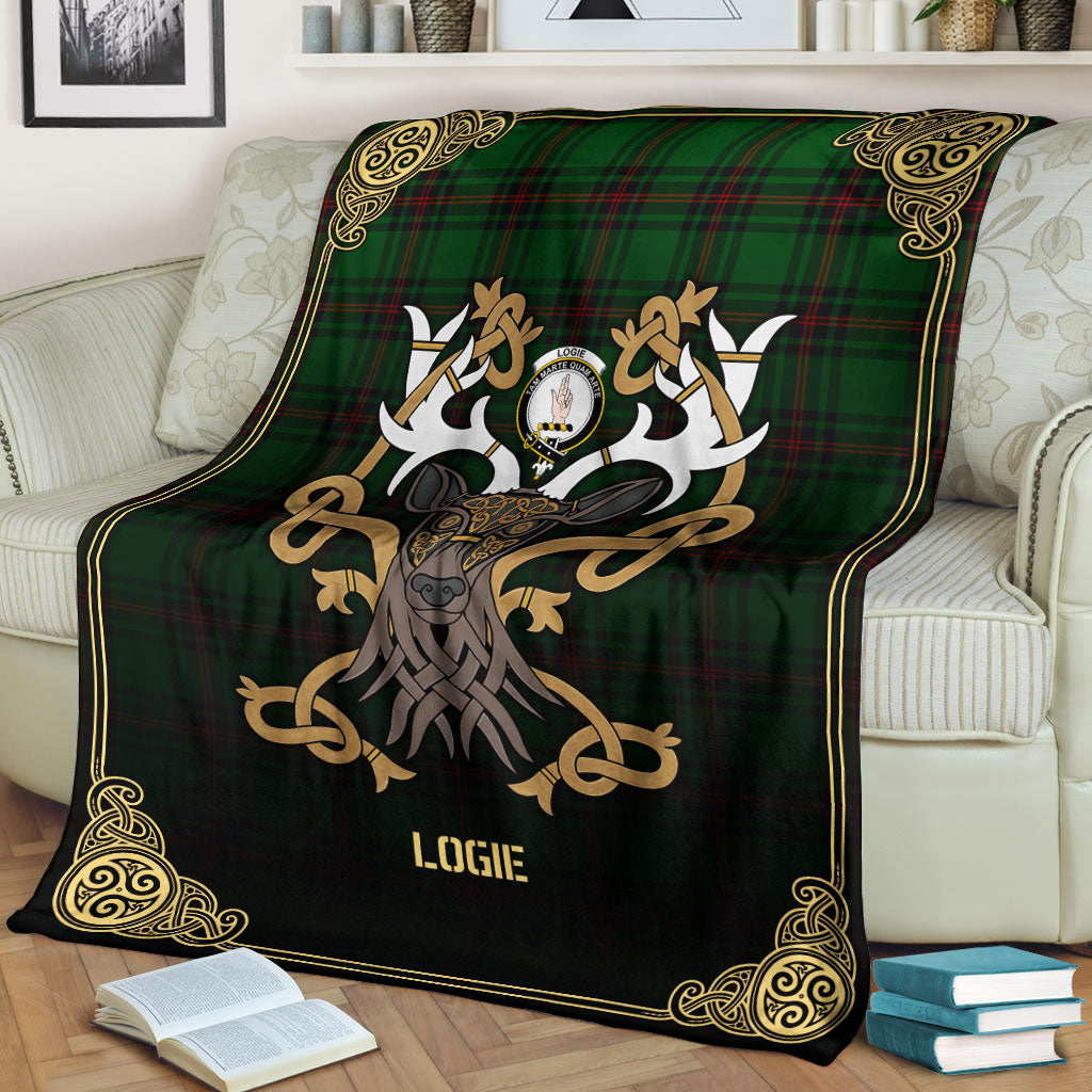 Logie Tartan Crest Premium Blanket - Celtic Stag style