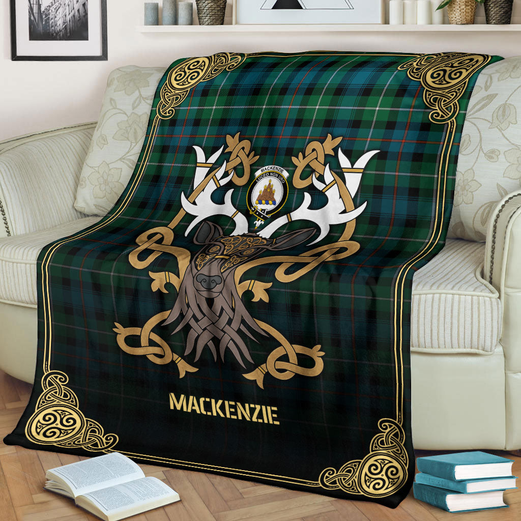 MacKenzie Ancient Tartan Crest Premium Blanket - Celtic Stag style