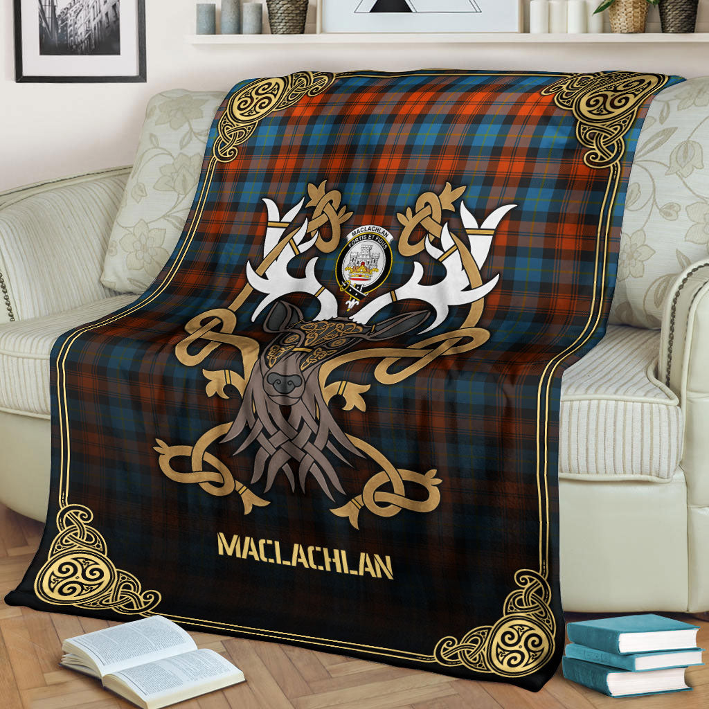 MacLachlan Ancient Tartan Crest Premium Blanket - Celtic Stag style