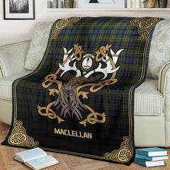 MacLellan Ancient Tartan Crest Premium Blanket - Celtic Stag style