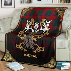 MacPhail Clan Tartan Crest Premium Blanket - Celtic Stag style