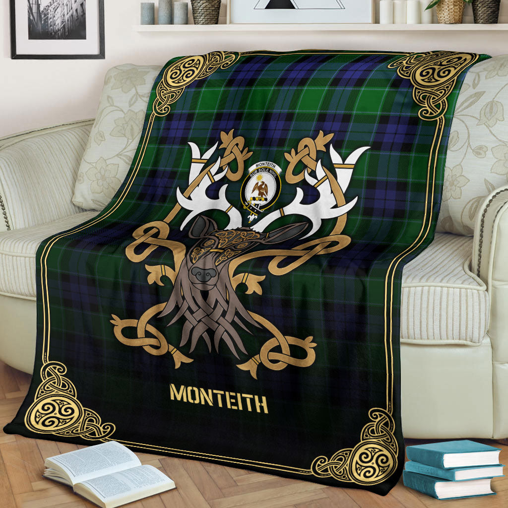 Monteith Tartan Crest Premium Blanket - Celtic Stag style
