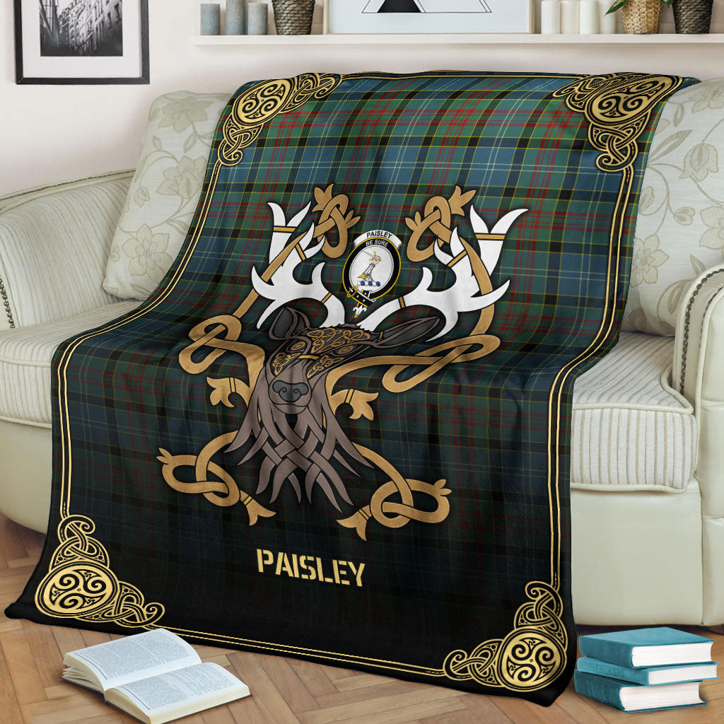 Paisley District Tartan Crest Premium Blanket - Celtic Stag style