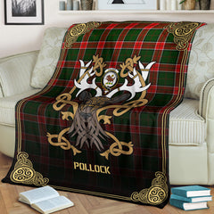 Pollock Tartan Crest Premium Blanket - Celtic Stag style