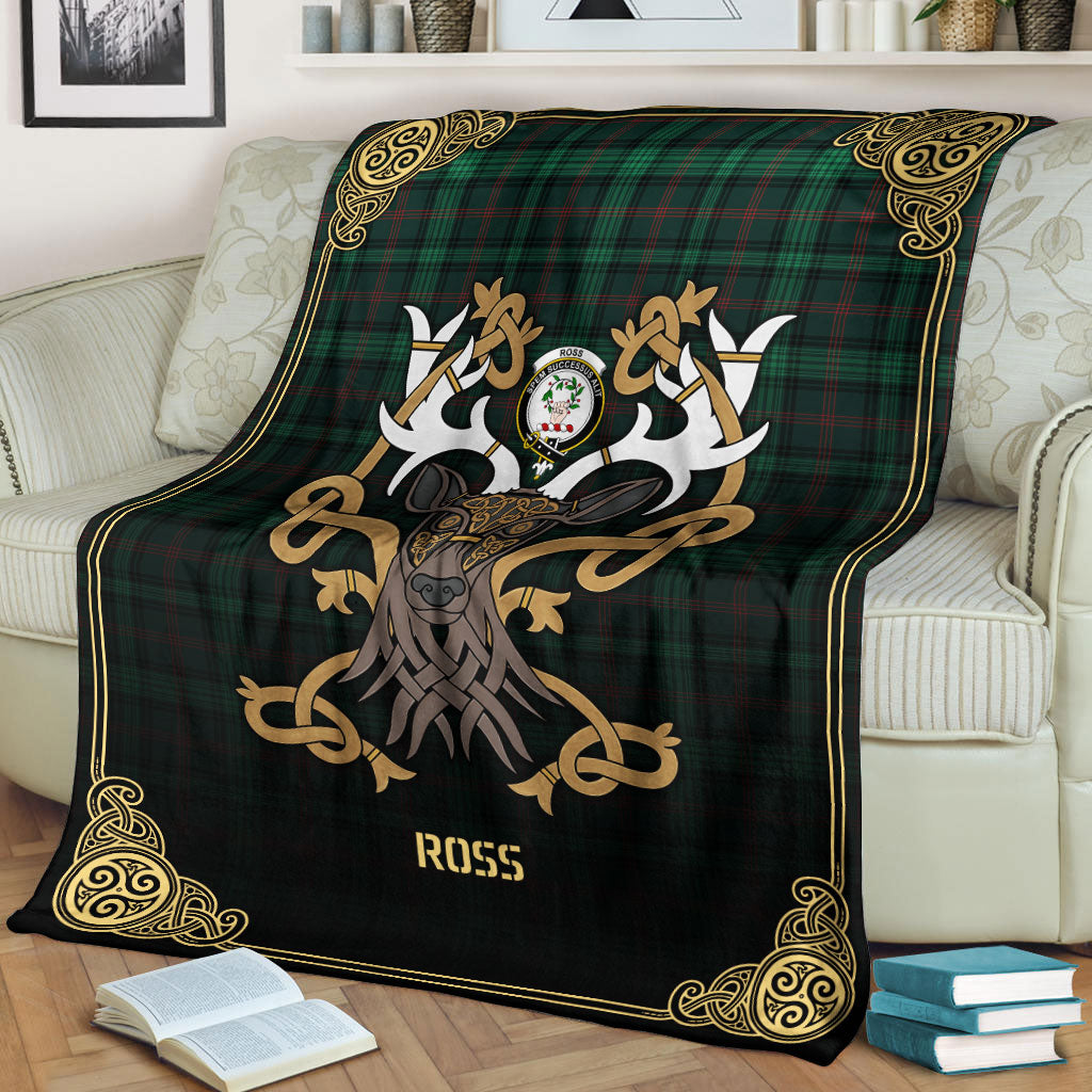 Ross Hunting Modern Tartan Crest Premium Blanket - Celtic Stag style