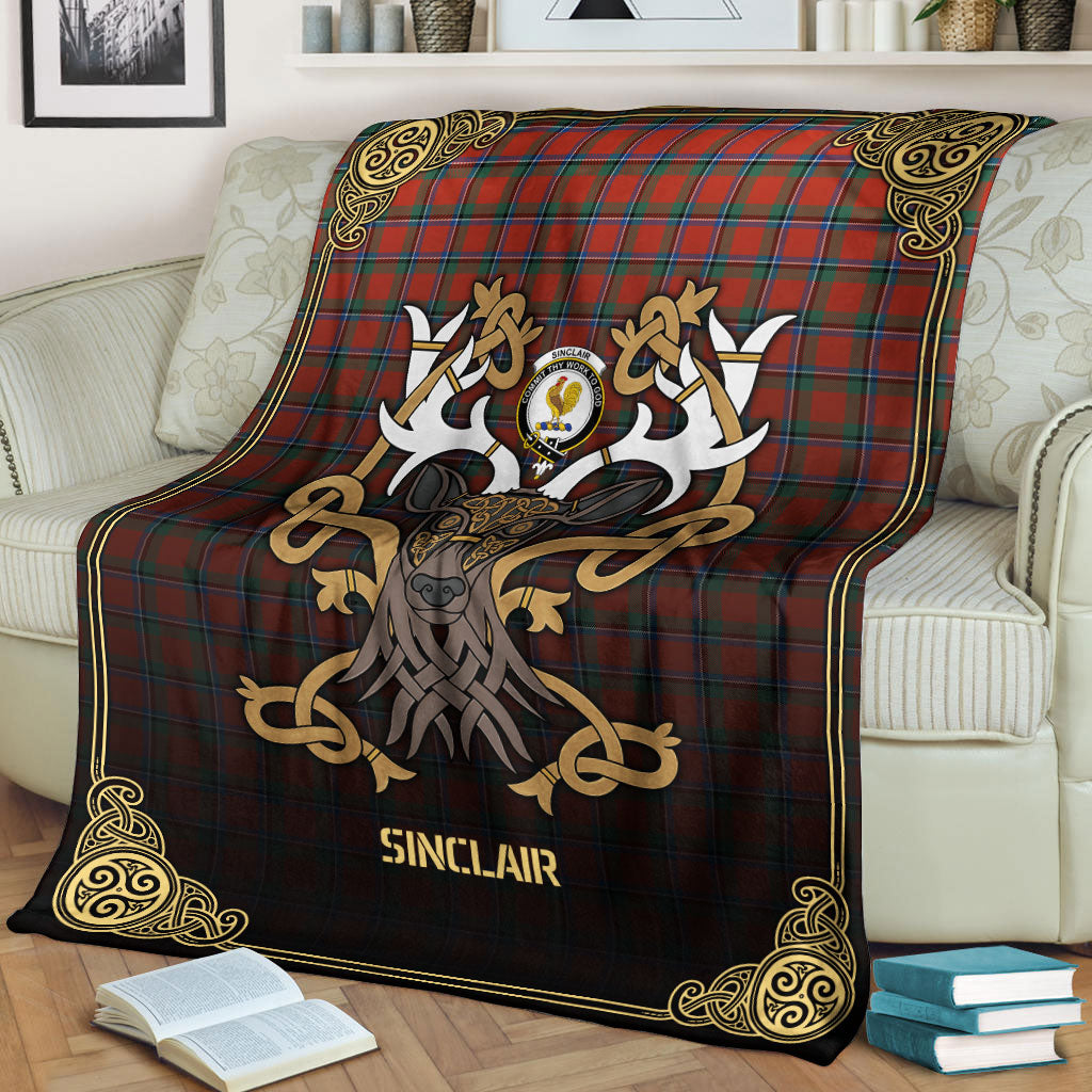 Sinclair Ancient Tartan Crest Premium Blanket - Celtic Stag style