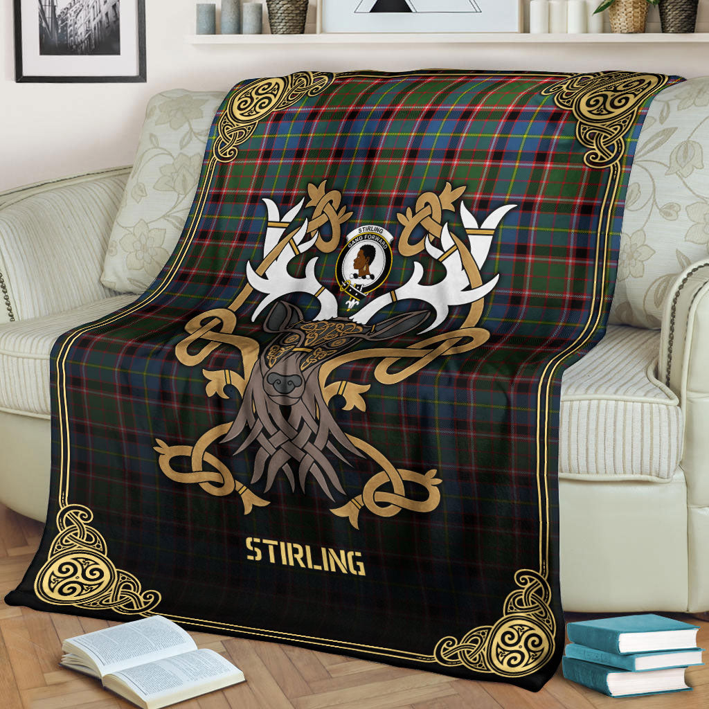 Stirling (of Keir) Tartan Crest Premium Blanket - Celtic Stag style