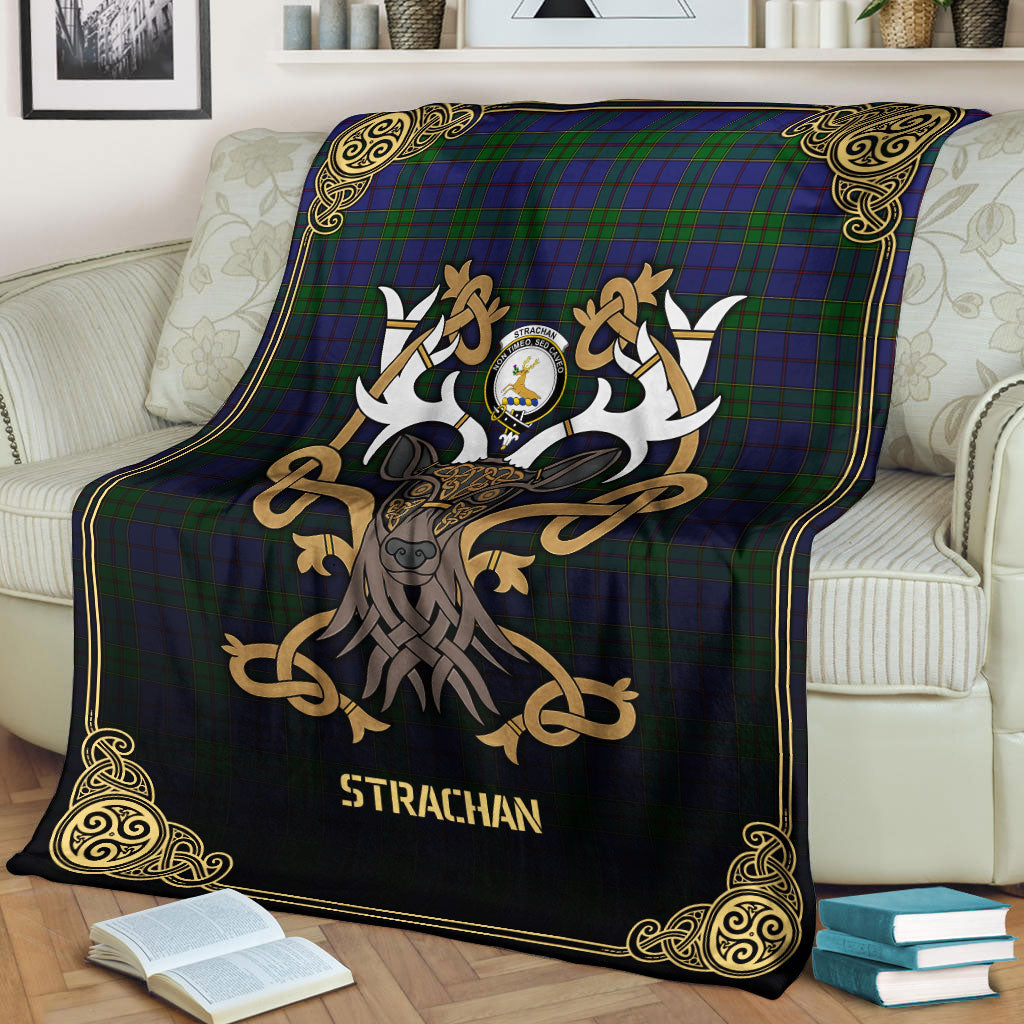 Strachan Tartan Crest Premium Blanket - Celtic Stag style