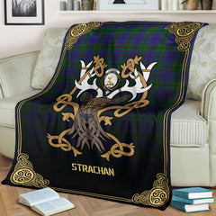 Strachan Tartan Crest Premium Blanket - Celtic Stag style
