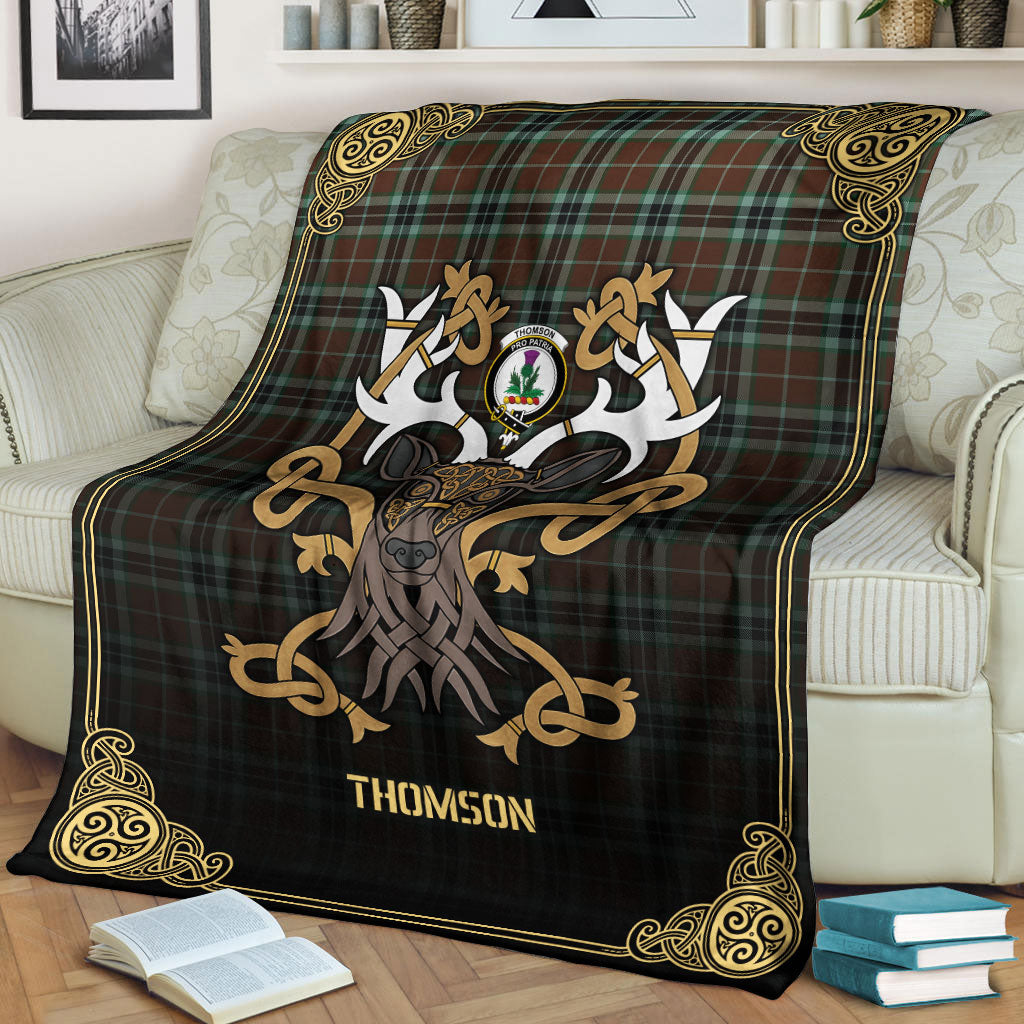 Thomson Hunting Modern Tartan Crest Premium Blanket - Celtic Stag style