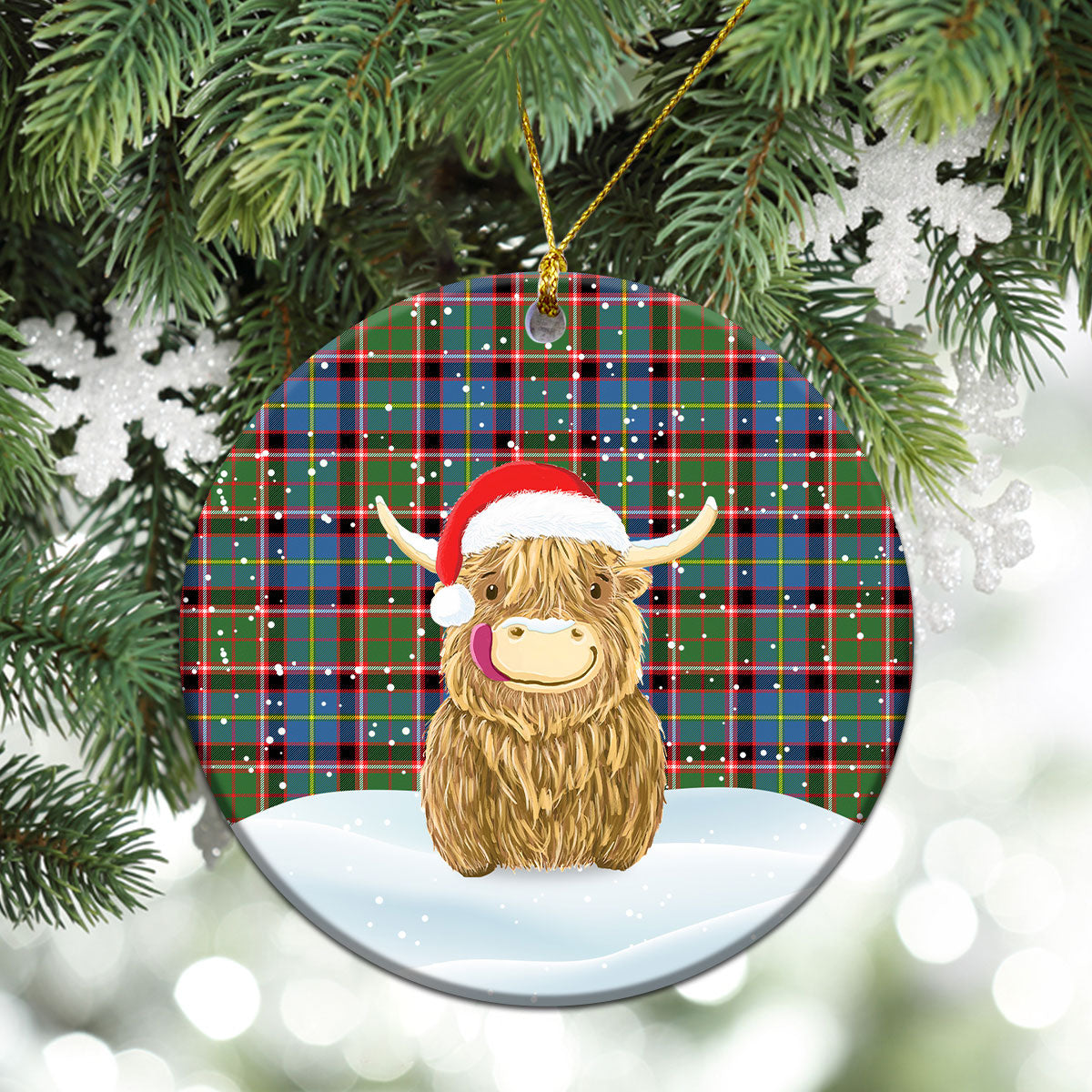 Aikenhead Tartan Christmas Ceramic Ornament - Highland Cows Style