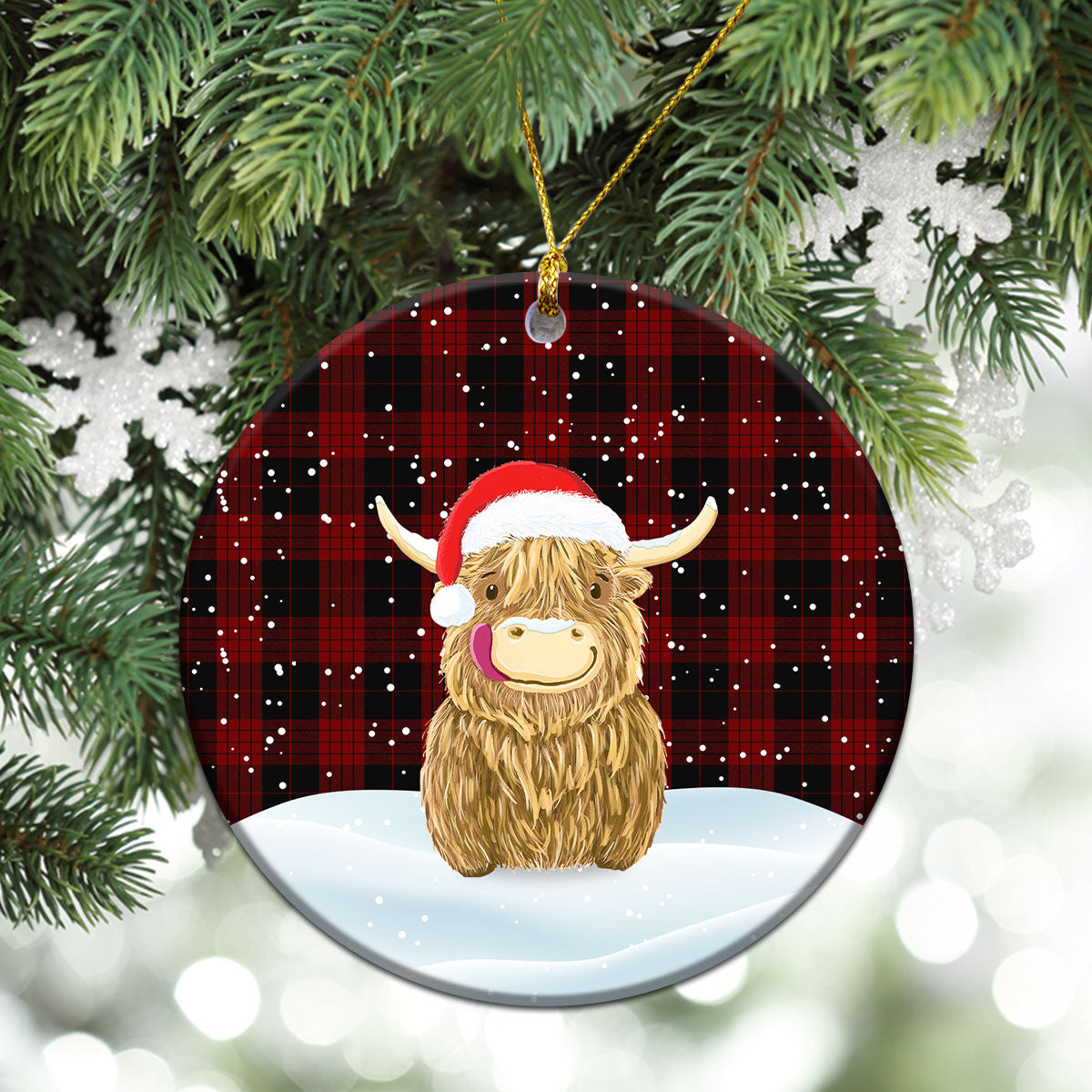 Cameron, Black & Red Tartan Christmas Ceramic Ornament - Highland Cows Style