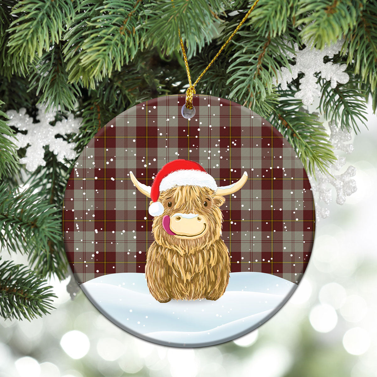 Cunningham Burgundy Dancers Tartan Christmas Ceramic Ornament - Highland Cows Style