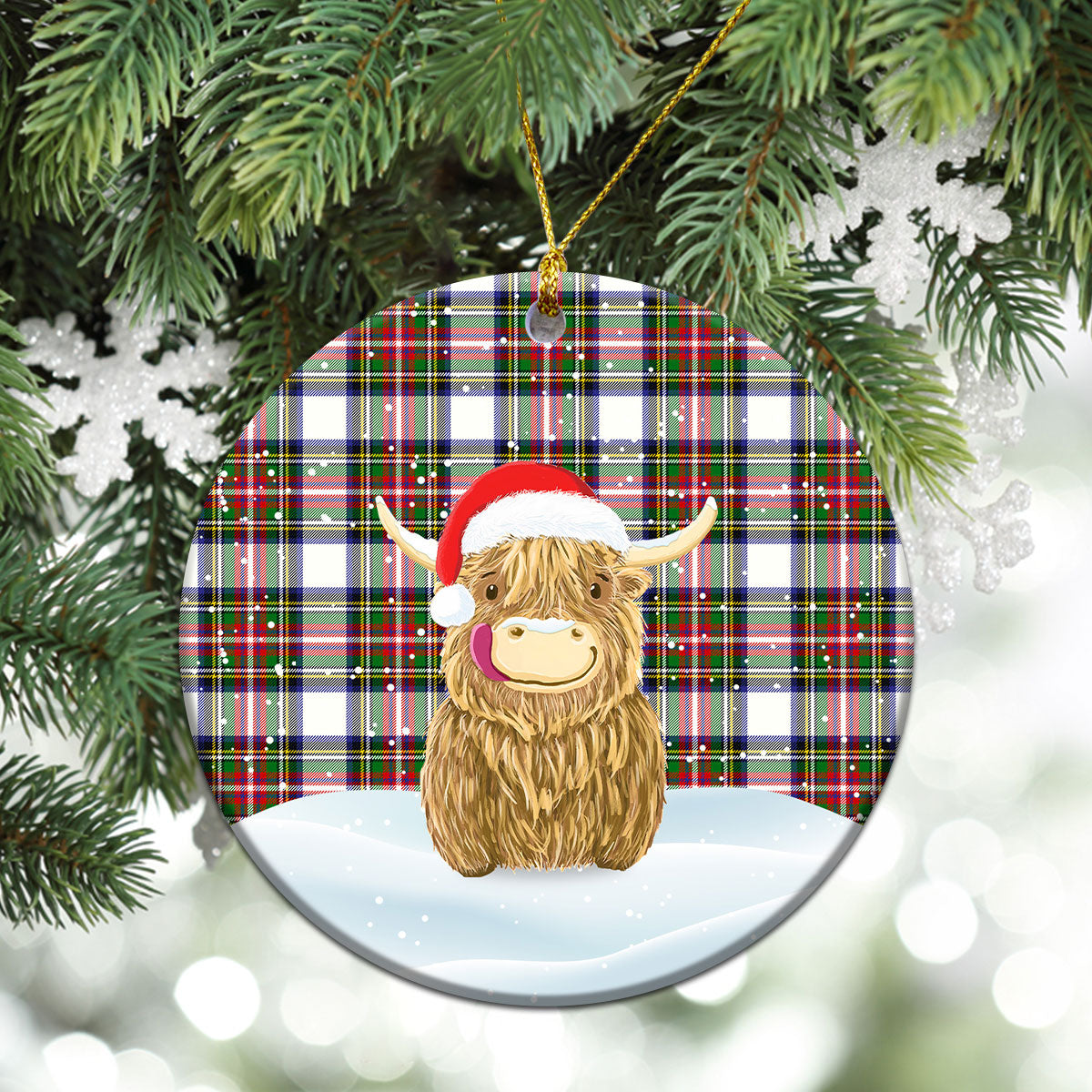 Dennistoun Tartan Christmas Ceramic Ornament - Highland Cows Style