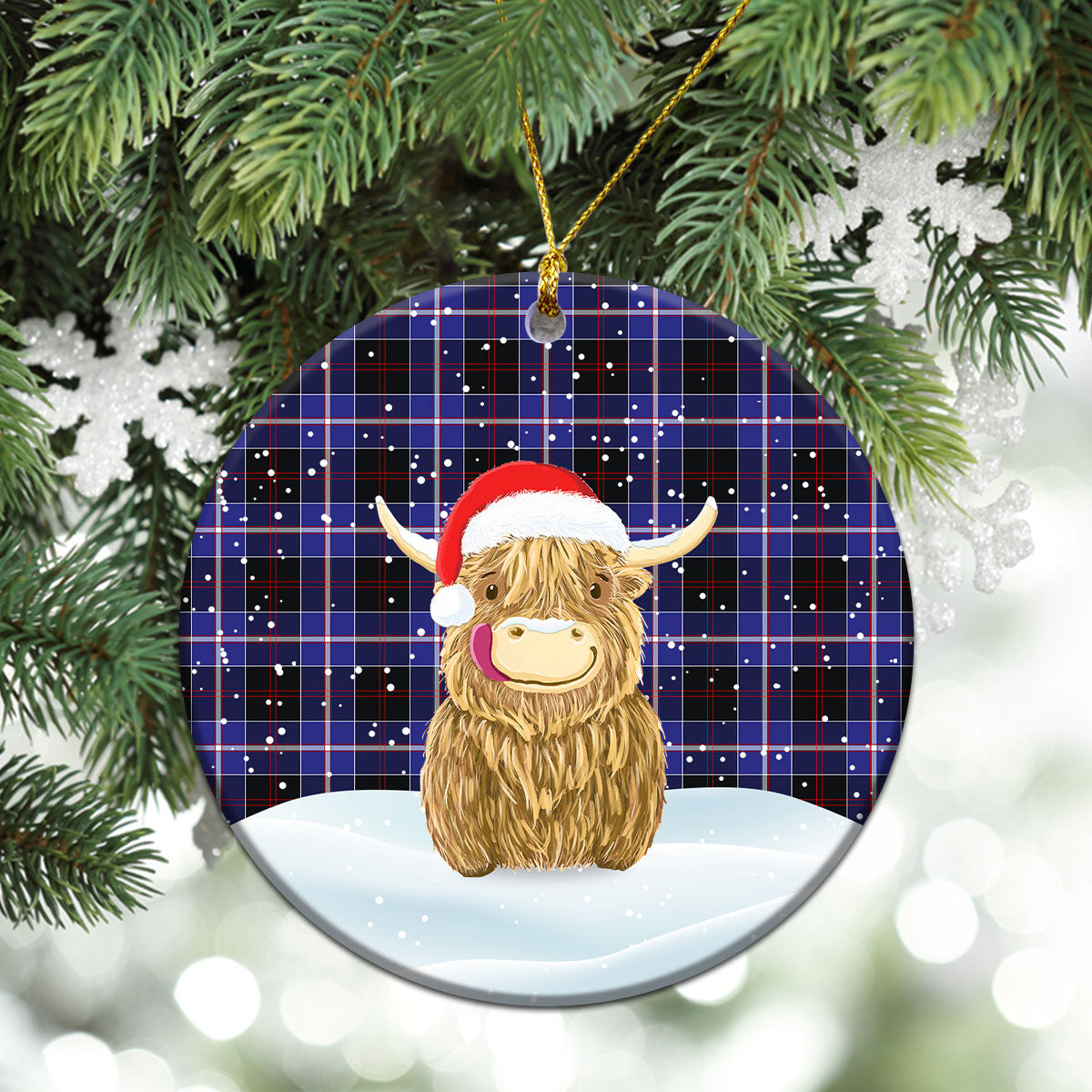 Dunlop Modern Tartan Christmas Ceramic Ornament - Highland Cows Style