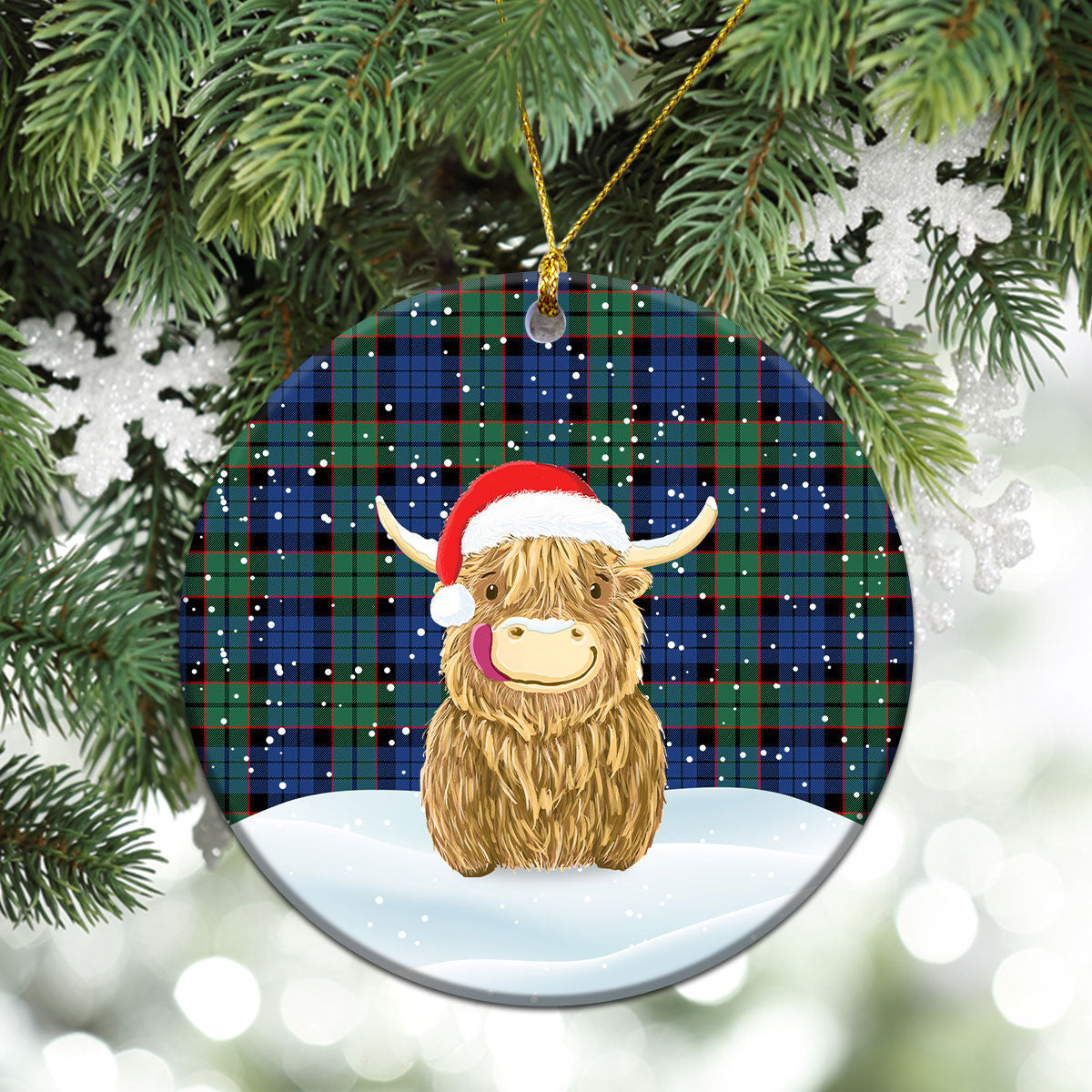 Fletcher Ancient Tartan Christmas Ceramic Ornament - Highland Cows Style