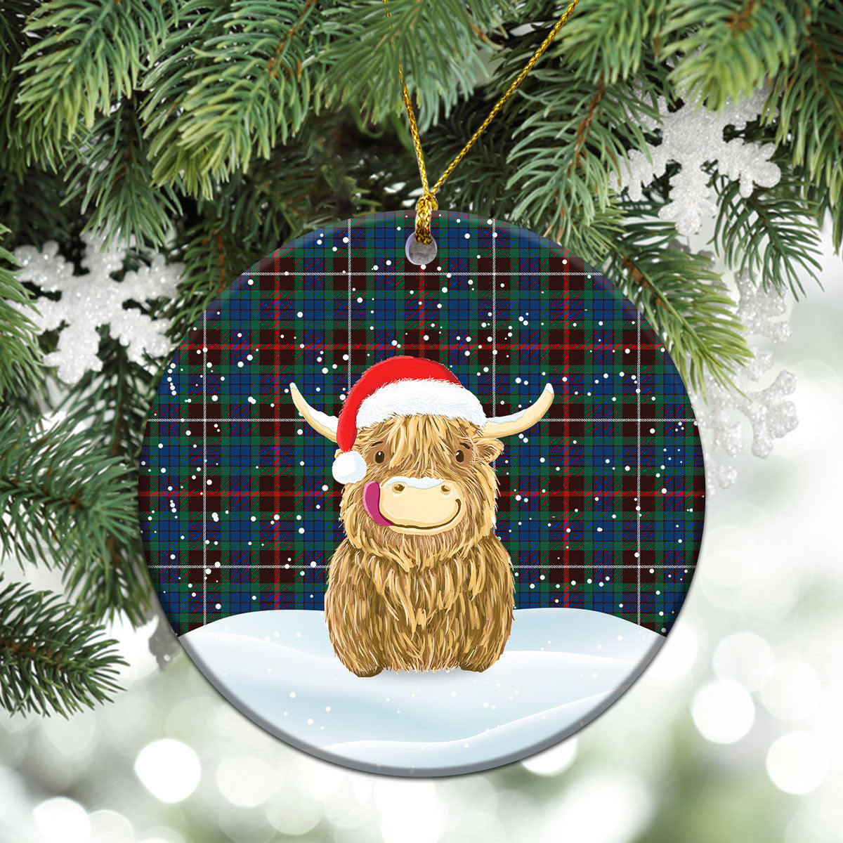 Fraser (of Lovat) Hunting Ancient Tartan Christmas Ceramic Ornament - Highland Cows Style