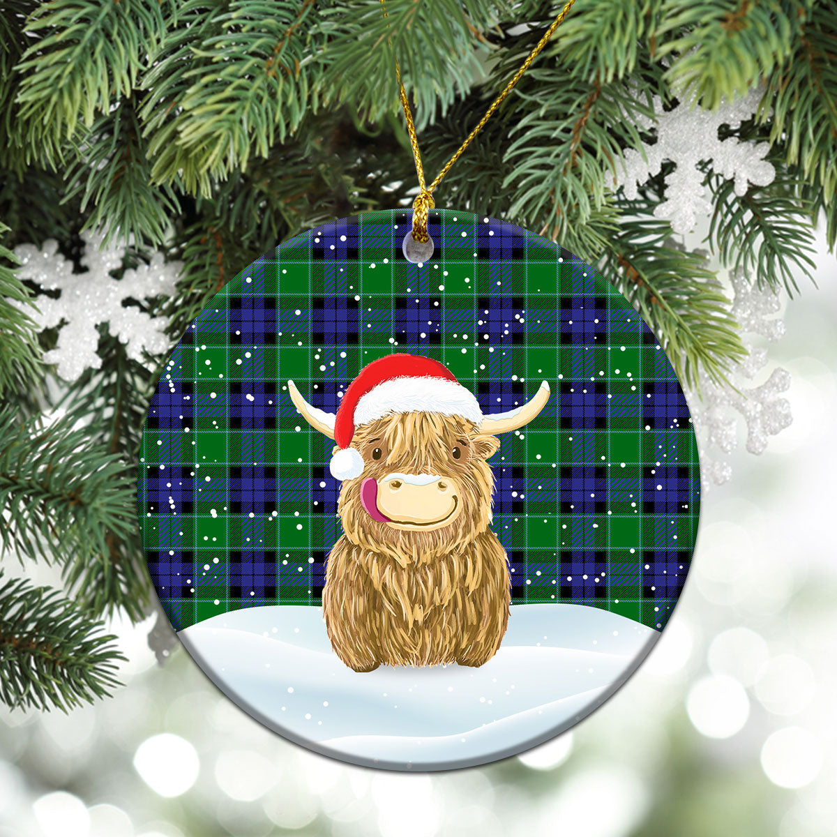 Haldane Tartan Christmas Ceramic Ornament - Highland Cows Style