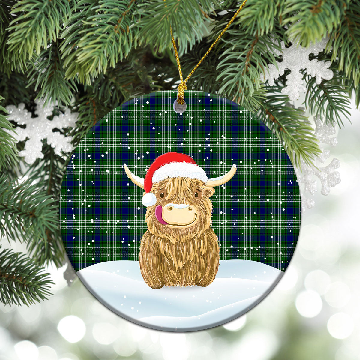 Haliburton Tartan Christmas Ceramic Ornament - Highland Cows Style