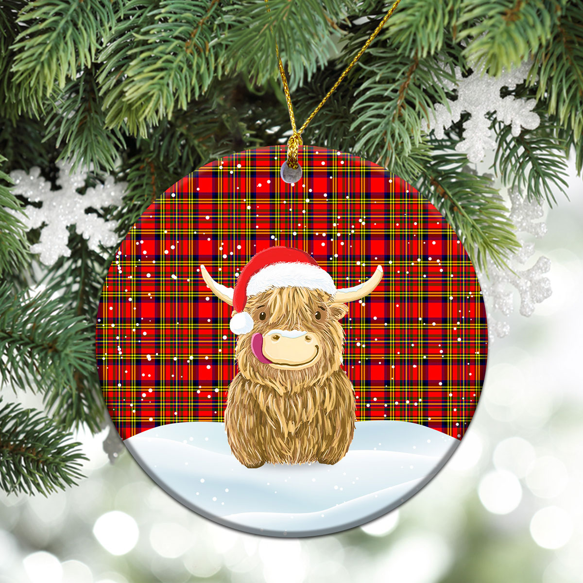 Hepburn Tartan Christmas Ceramic Ornament - Highland Cows Style