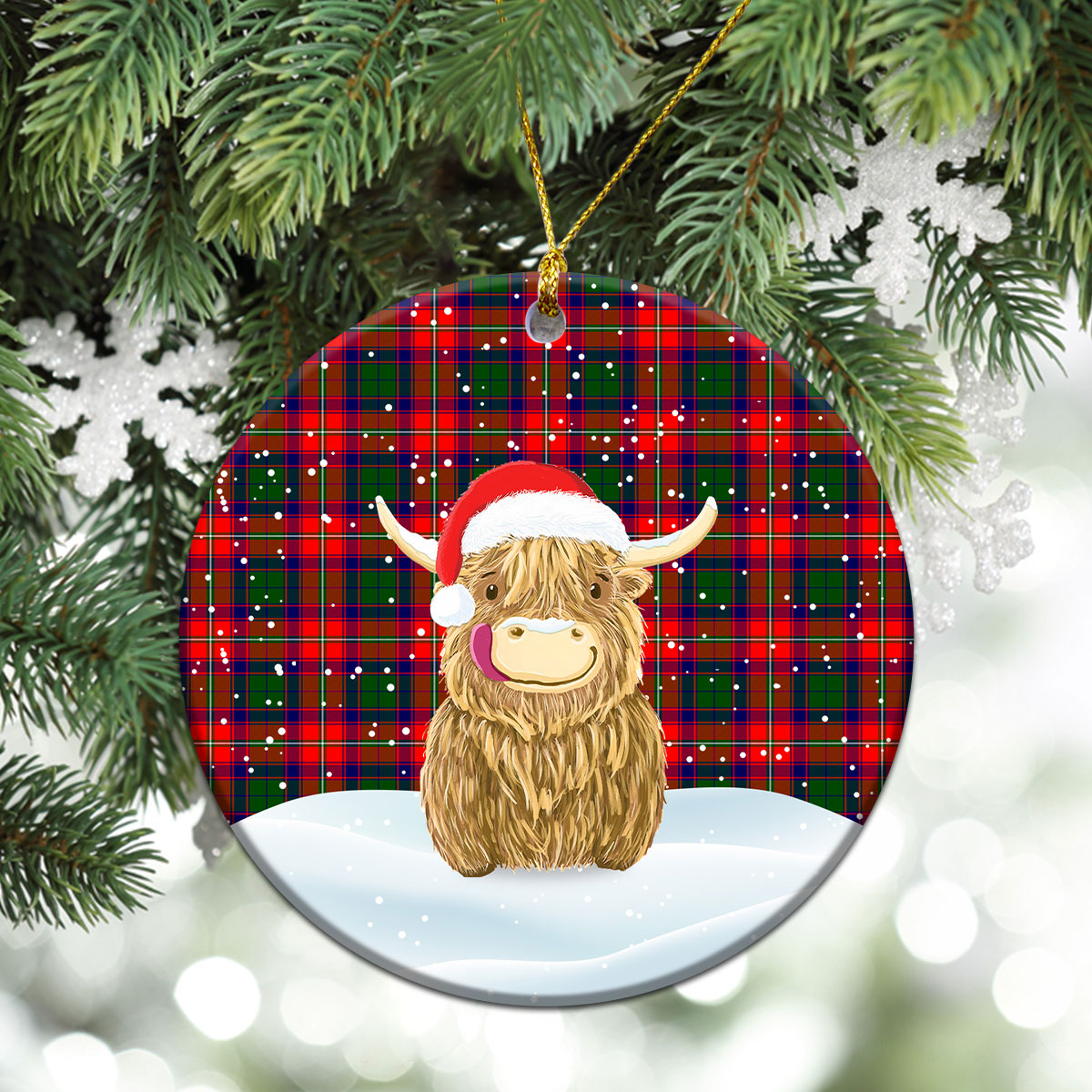 Hopkirk Tartan Christmas Ceramic Ornament - Highland Cows Style