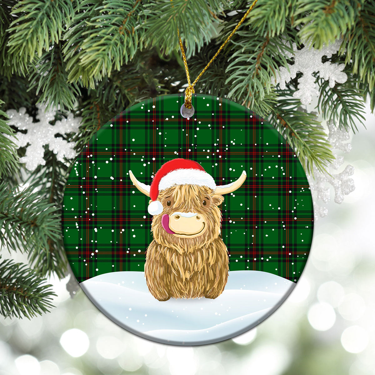 Kinnear Tartan Christmas Ceramic Ornament - Highland Cows Style