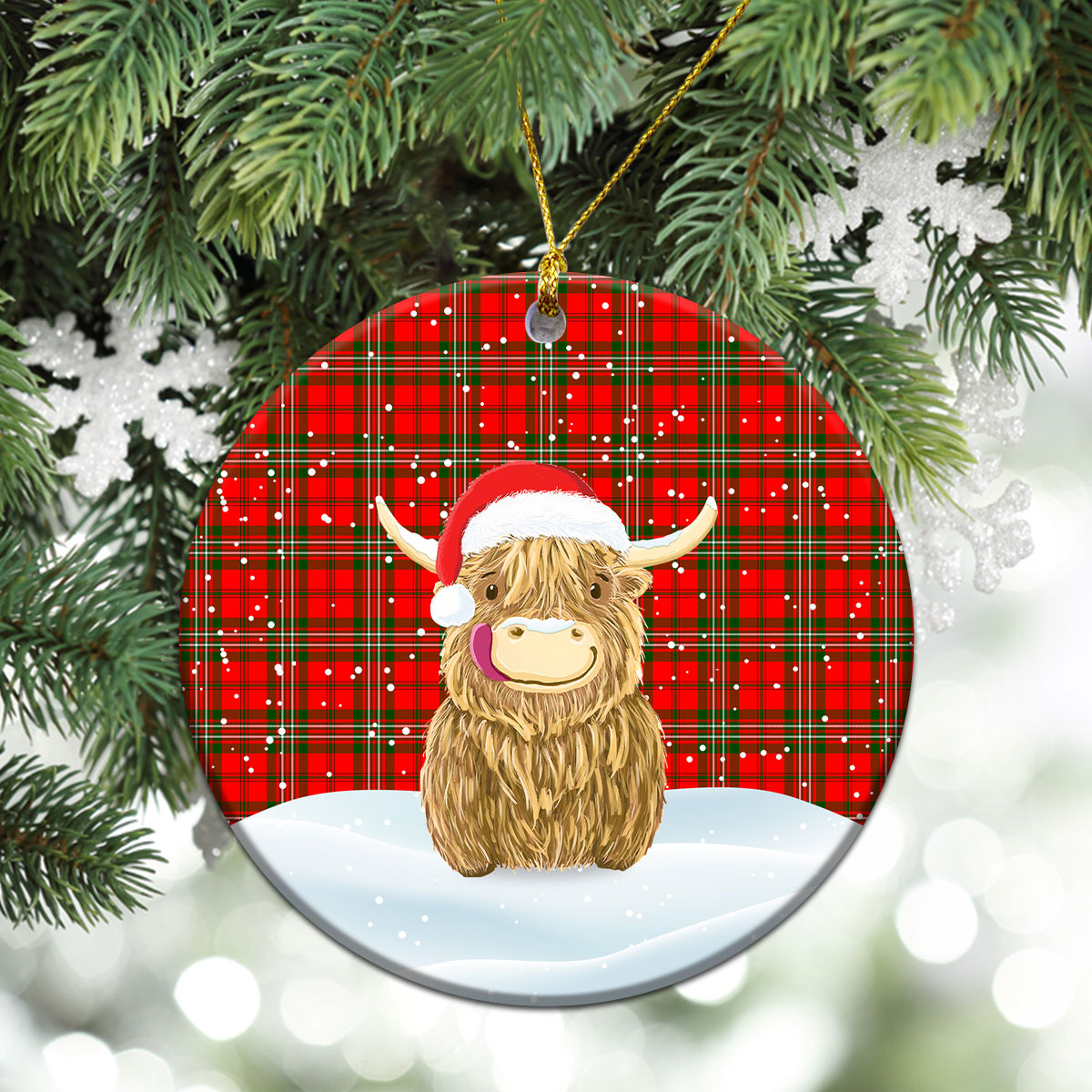 Langlands Tartan Christmas Ceramic Ornament - Highland Cows Style