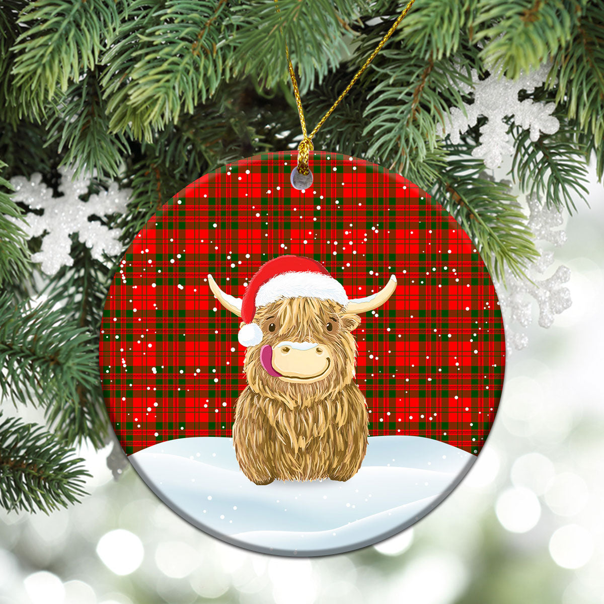 Livingstone Tartan Christmas Ceramic Ornament - Highland Cows Style