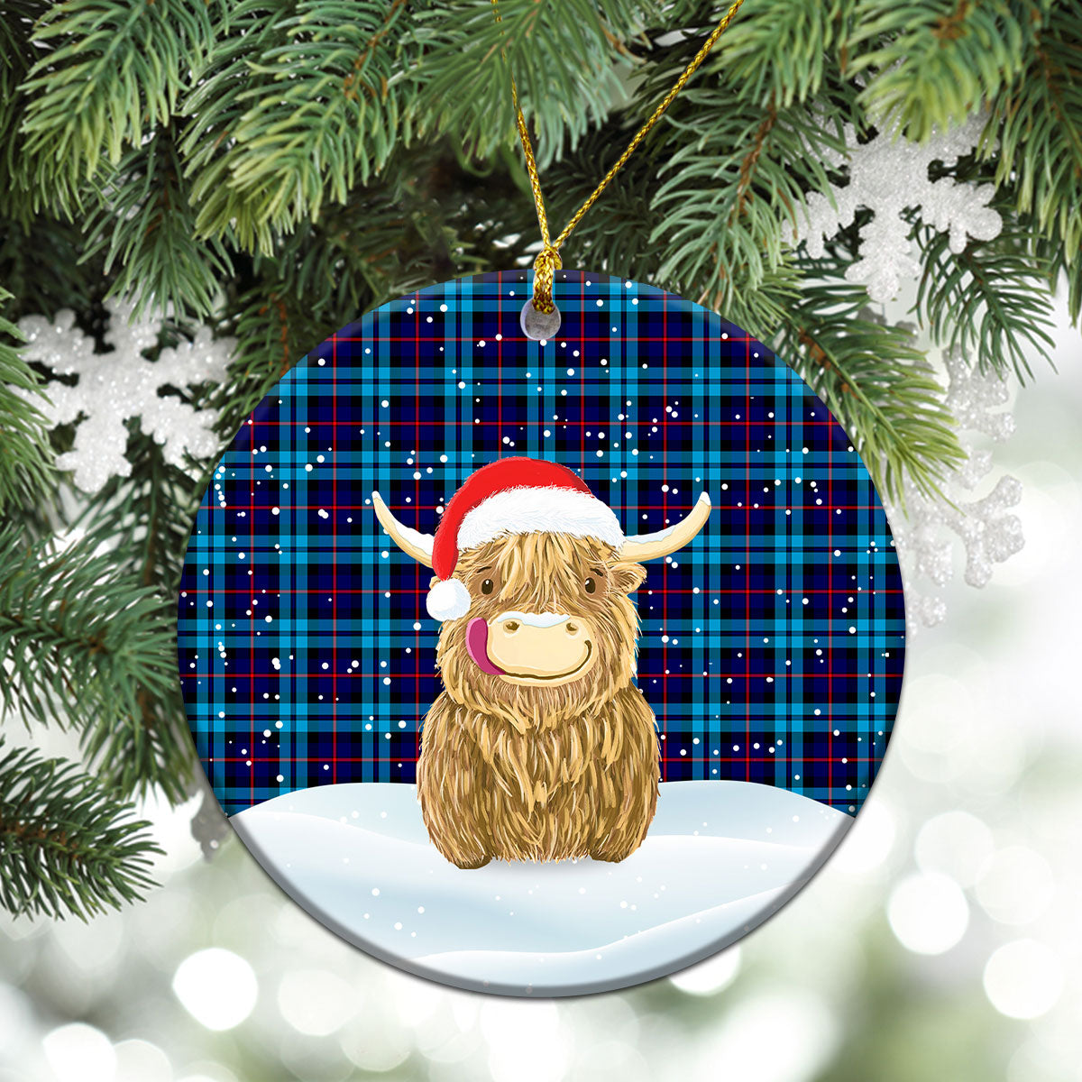 MacCorquodale Tartan Christmas Ceramic Ornament - Highland Cows Style