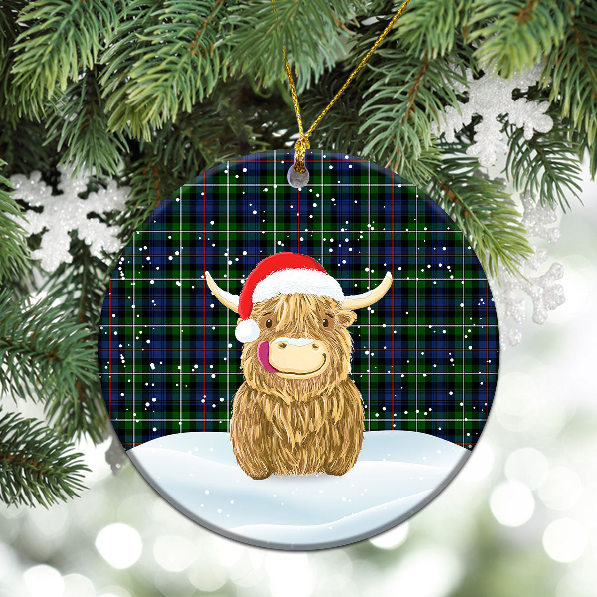 MacKenzie Modern Tartan Christmas Ceramic Ornament - Highland Cows Style