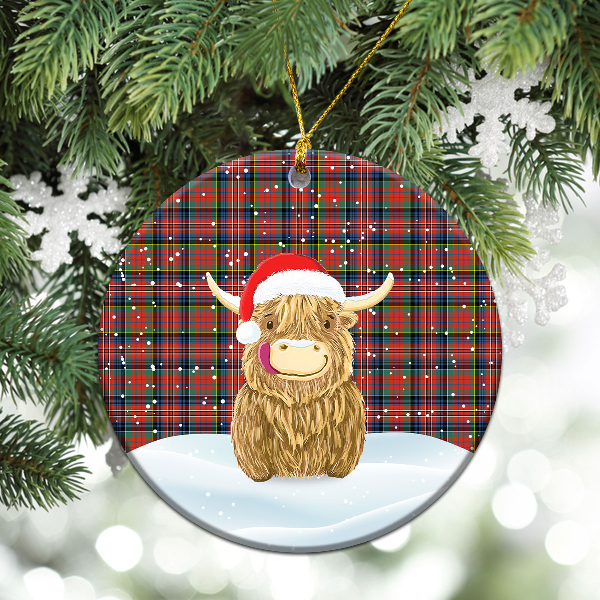 MacPherson Ancient Tartan Christmas Ceramic Ornament - Highland Cows Style