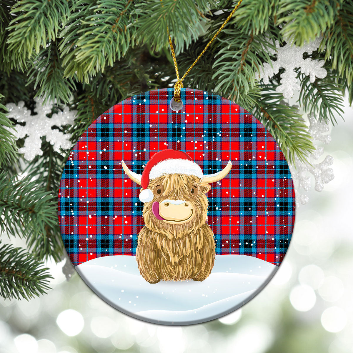 MacTavish Modern Tartan Christmas Ceramic Ornament - Highland Cows Style