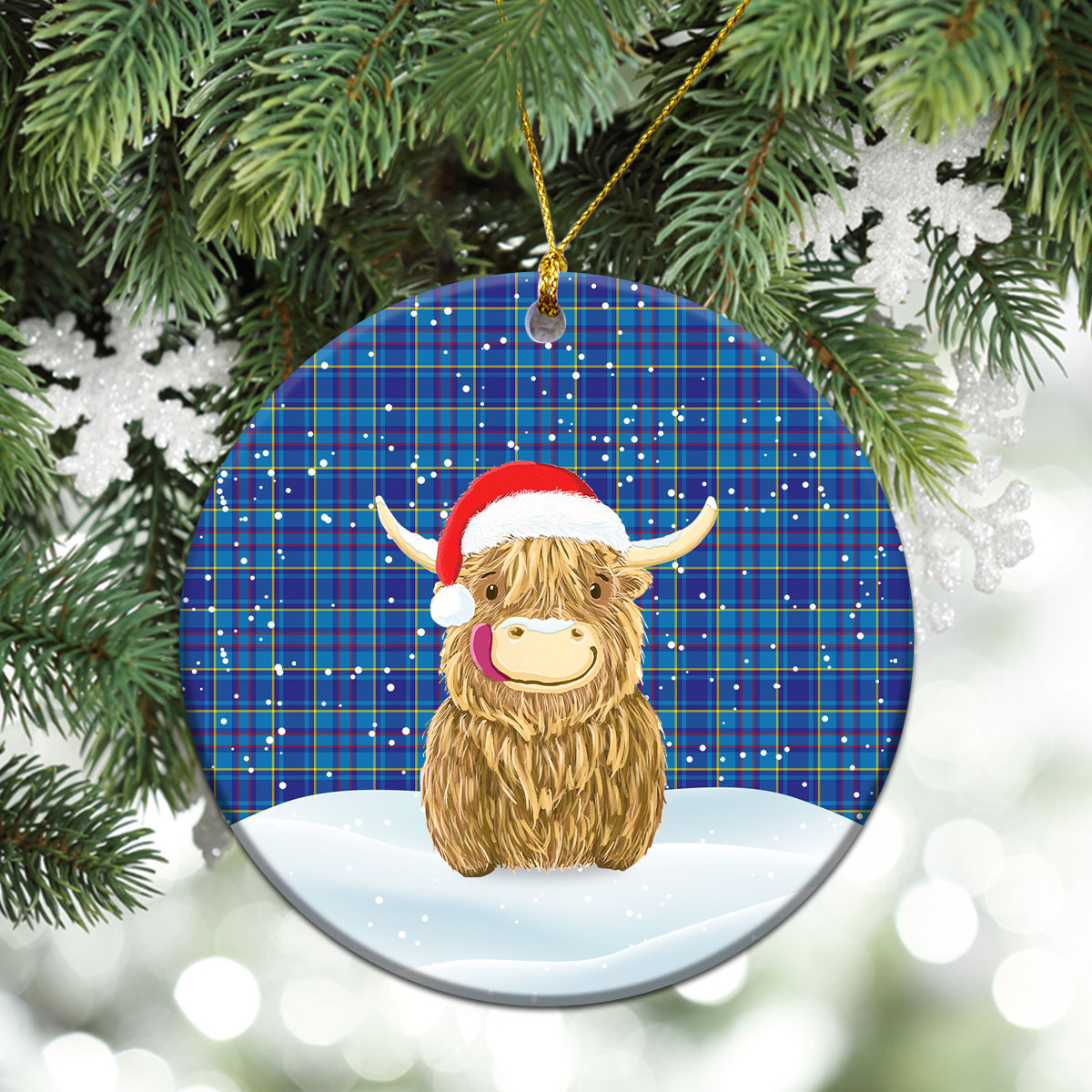 Mercer Modern Tartan Christmas Ceramic Ornament - Highland Cows Style