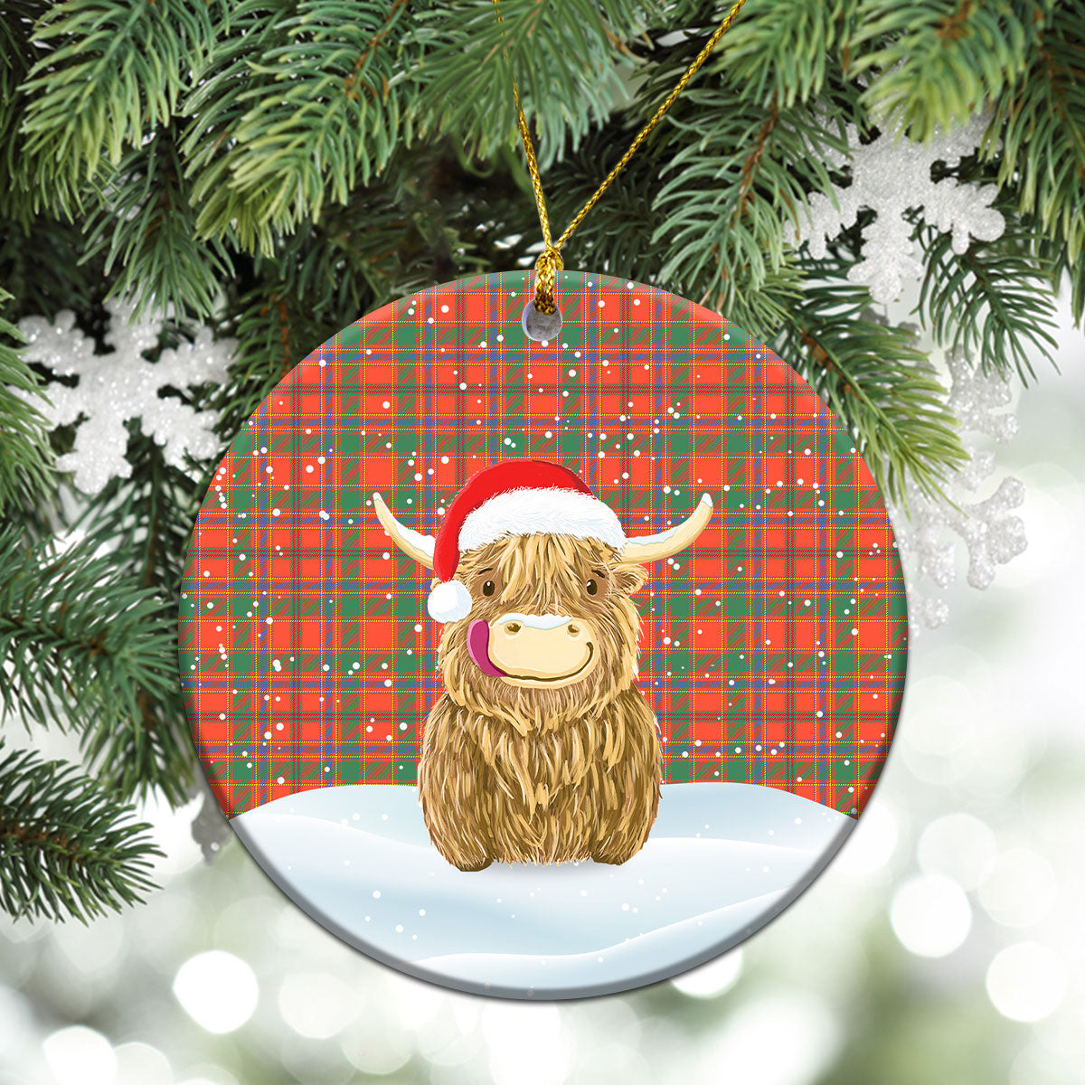 Munro Ancient Tartan Christmas Ceramic Ornament - Highland Cows Style