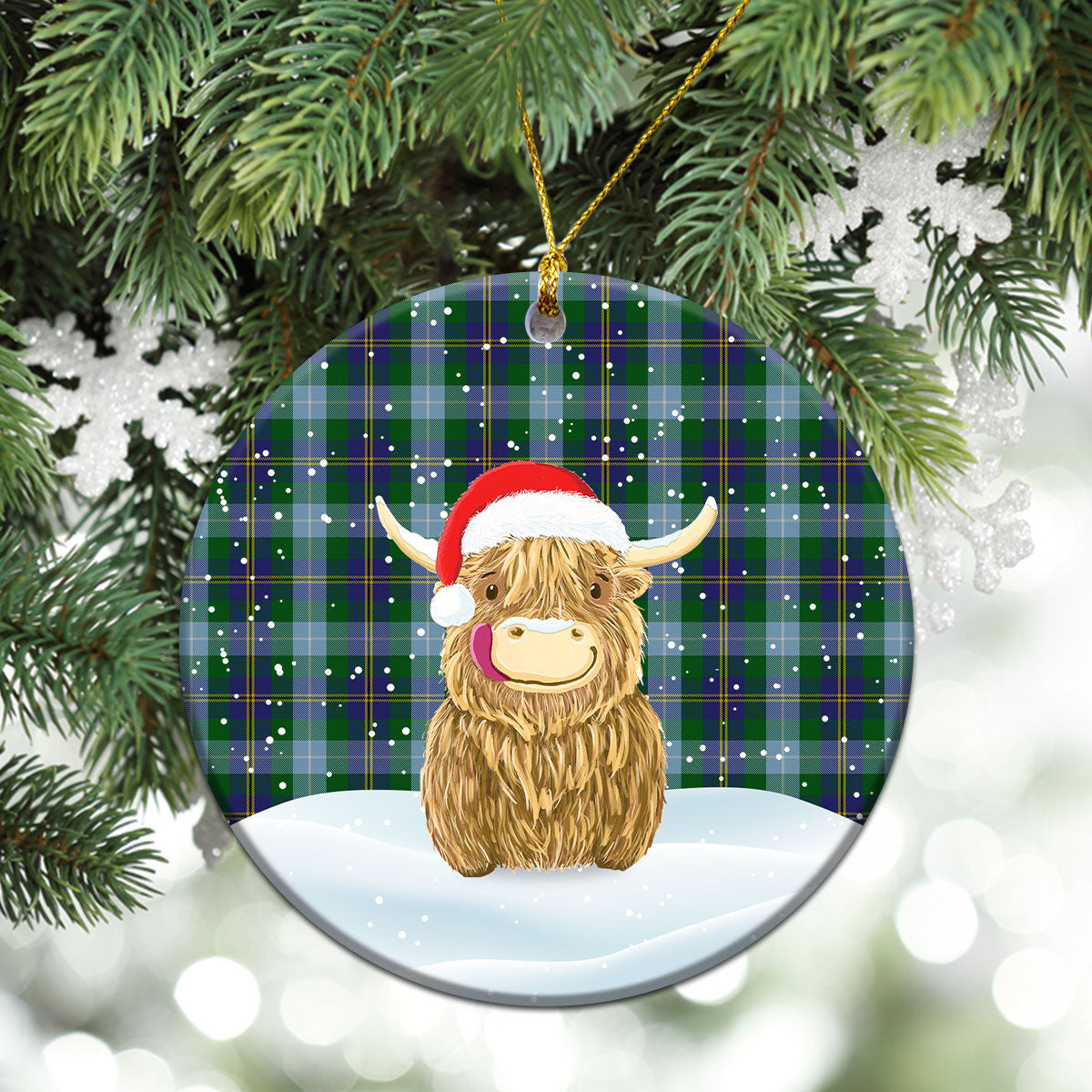 Porteous Tartan Christmas Ceramic Ornament - Highland Cows Style