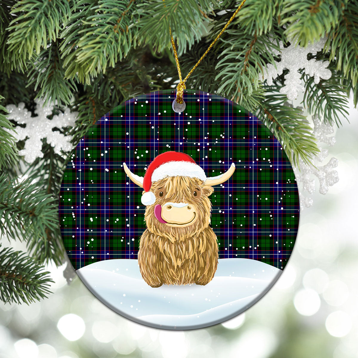 Russell Modern Tartan Christmas Ceramic Ornament - Highland Cows Style