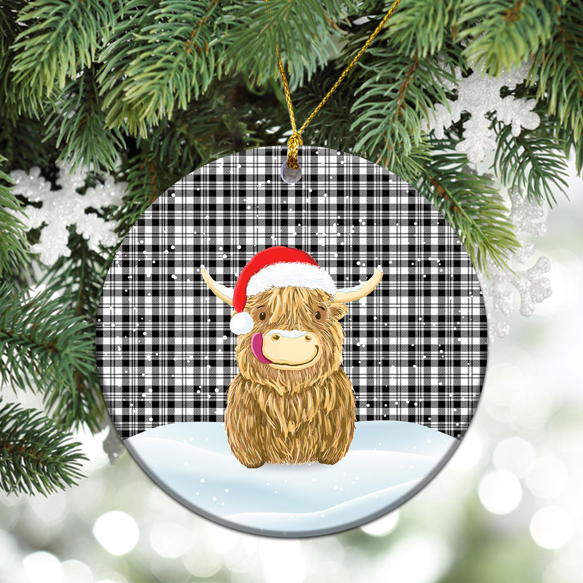 Scott Black & White Modern Tartan Christmas Ceramic Ornament - Highland Cows Style