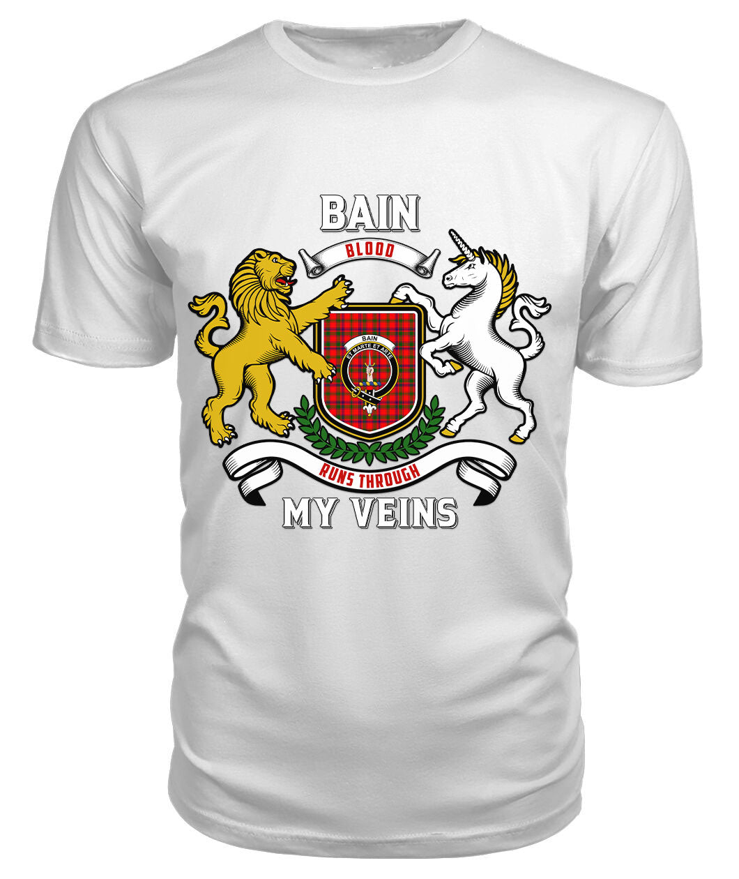 Bain Tartan Crest 2D T-shirt - Blood Runs Through My Veins Style